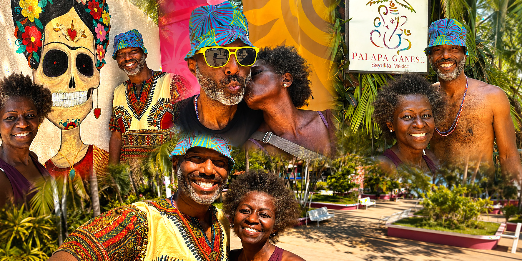 Palapa Ganesh and Sayulita town collage with colorful local details and joyful portraits