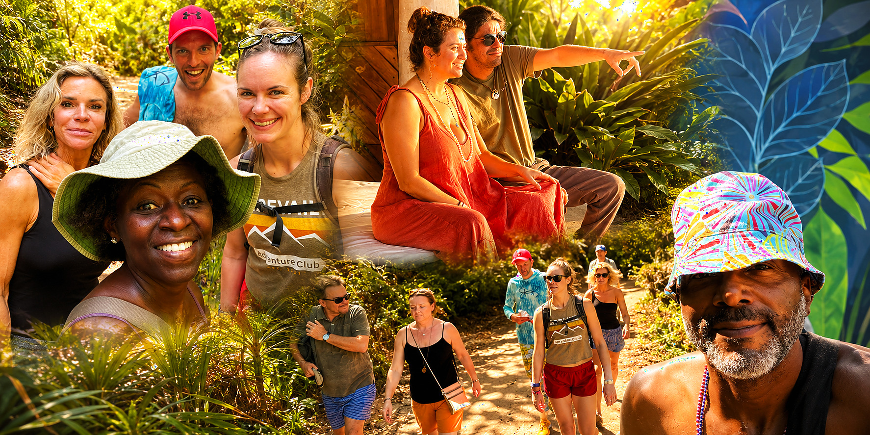 Community moments in the Sayulita jungle with seekers walking and gathering outdoors