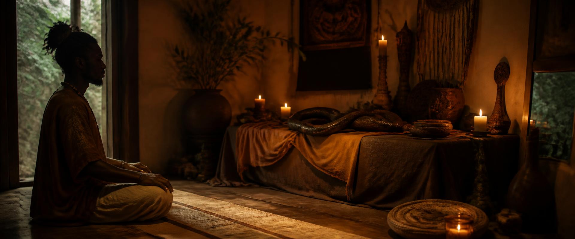 BIPOC seeker in candlelit sanctuary before a Snake Ceremony rite at Temple Mother Earth